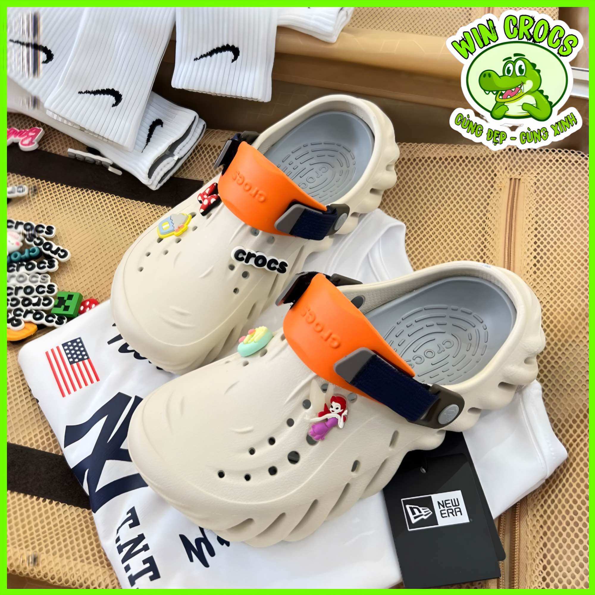 |chính hãng| dép echo crocs màu kem be nam nữ unisex,lỗi nhỏ đã xử lý,tặng kèm sticker