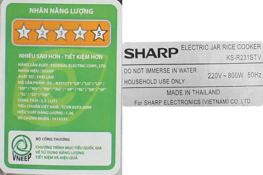 Nồi cơm điện Sharp 2.2 lít KS-R231STV [HÀNG CHÍNH HÃNG BẢO HÀNH 12 THÁNG]