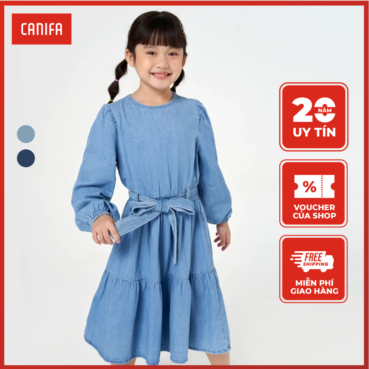 Váy liền bé gái CANIFA denim cotton dài tay dáng xòe kèm đai 1DS22C022