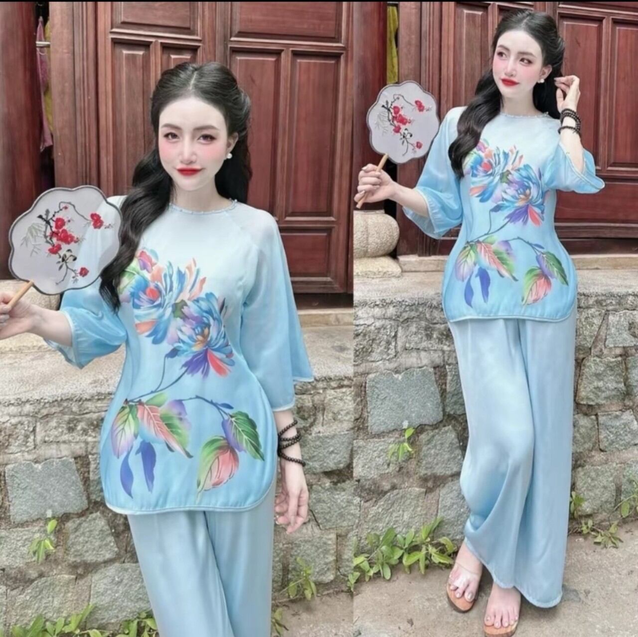 Sét lam cổ tròn nút ngọc chất lụa voan tơ ánh kim