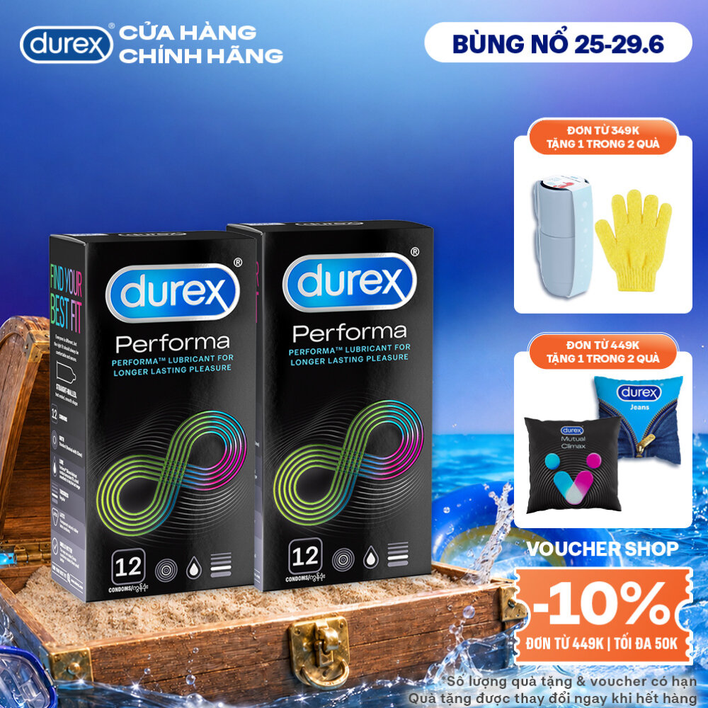 Bộ 2 hộp bao cao su Durex Performa kéo dài thời gian, size 52mm, 12 bao/hộp