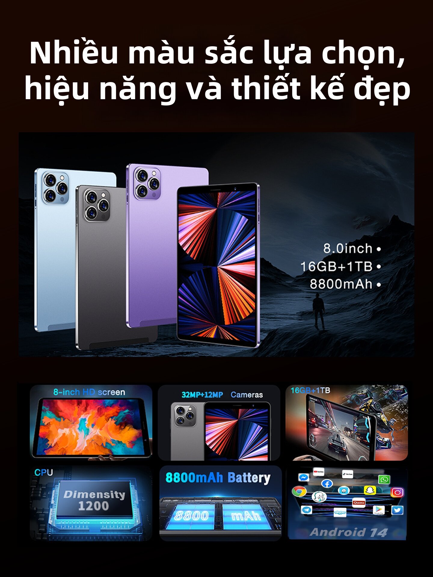 Red Hare | Máy Tính Bảng 8 Inch – Android 14, 5G Gắn SIM Gọi Điện, Truy Cập Wifi
