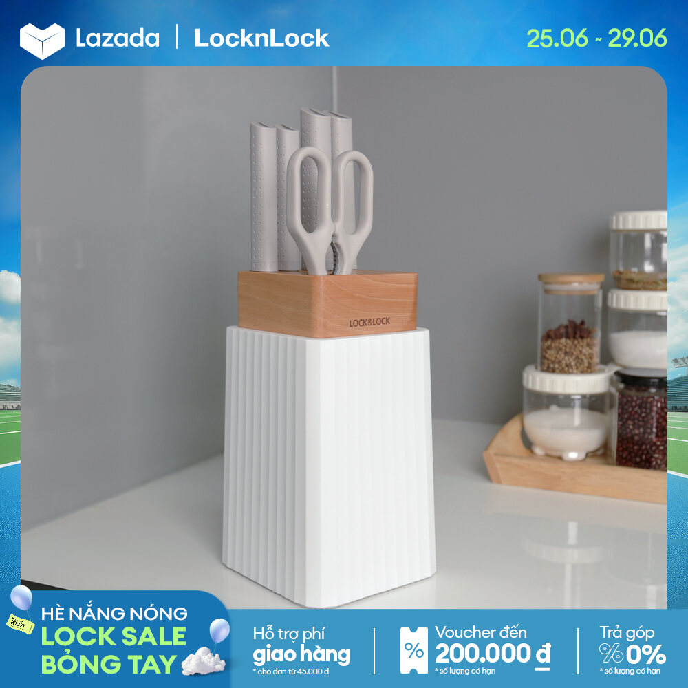 BỘ DAO 6 MÓN Lock&Lock (4 dao 1 kéo 1 hộp đựng dao) - màu trắng - CKK802 - thép không gỉ sắc bén, có kí hiệu trên cán dao