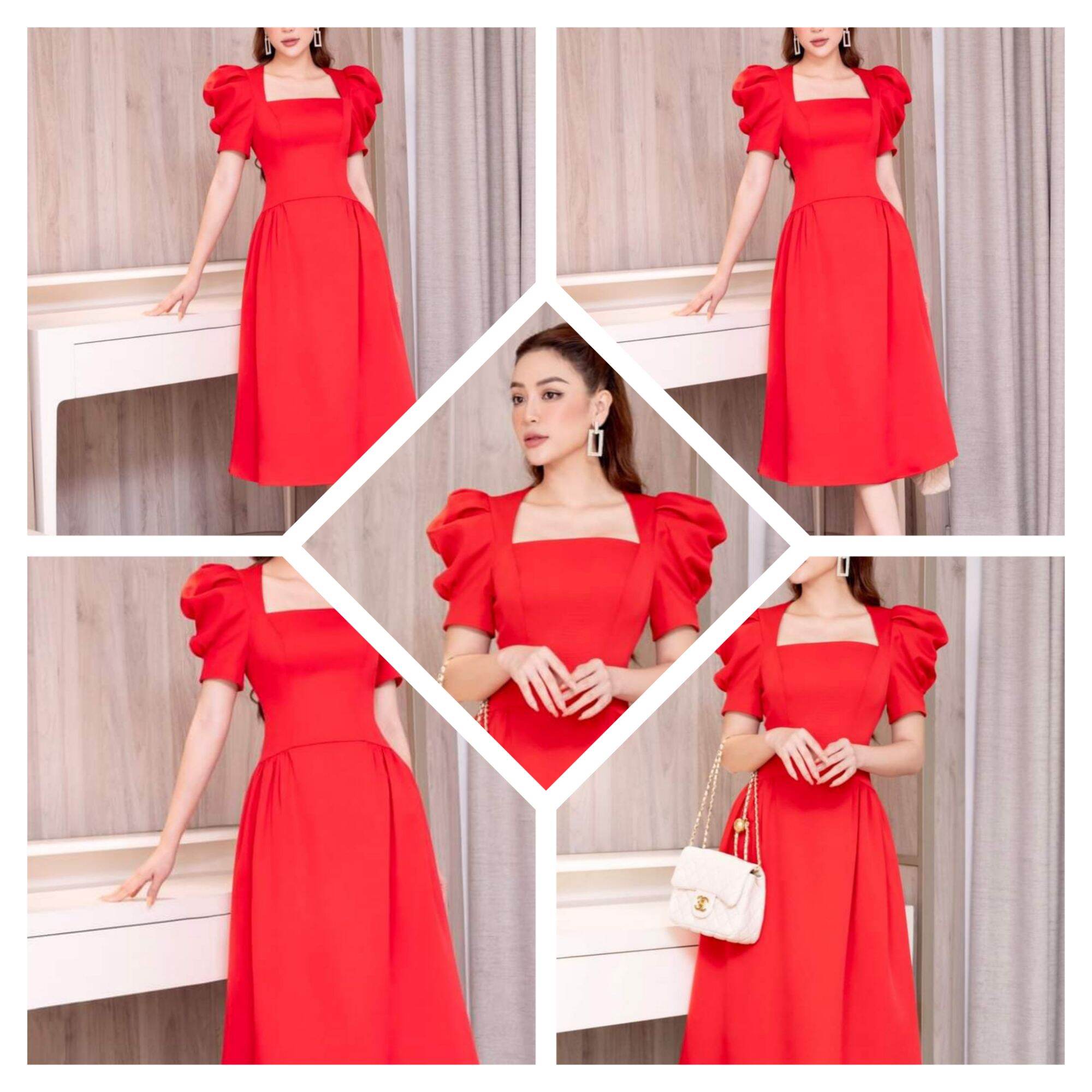 Đầm xòe dự tiệc cồ vuông tay phồng mẫu mới siêu hót