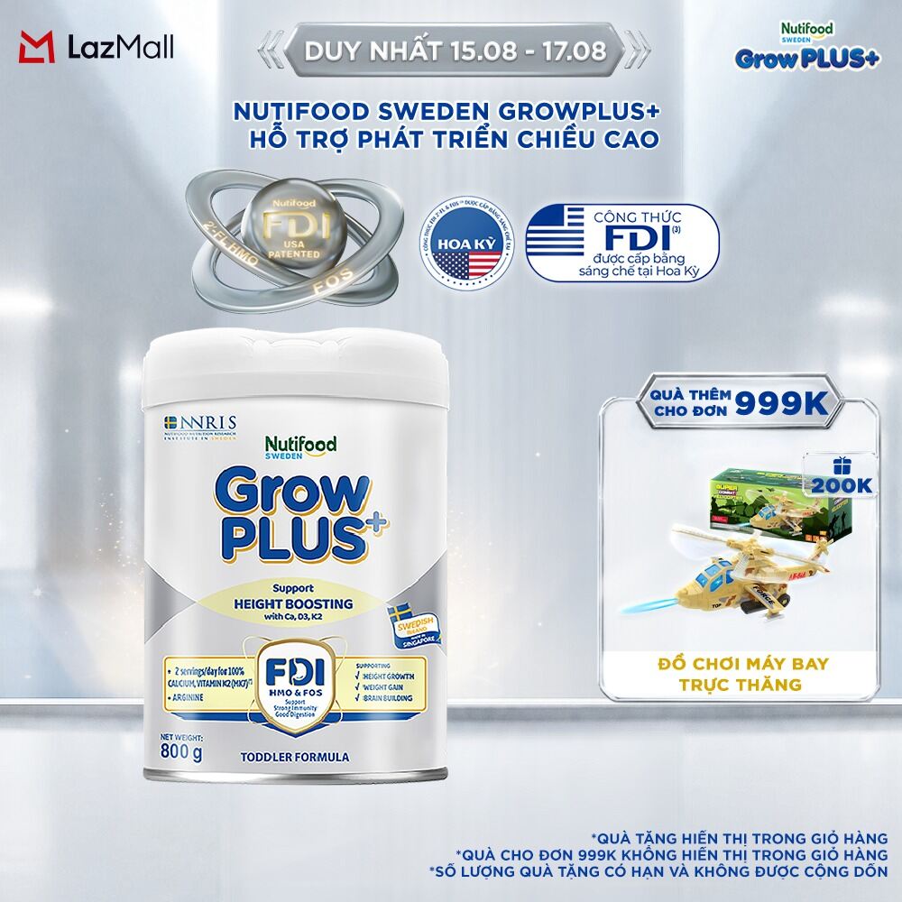 Sữa Bột Nutifood Sweden GrowPLUS+ Cao lớn vượt trội từ 1 - 2 tuổi (Bạc) 800g
