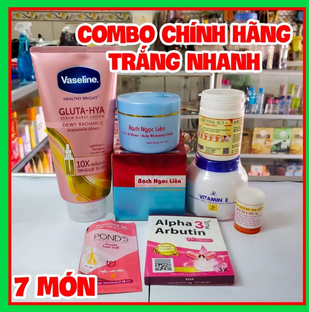 Combo kem trộn bạch ngọc liên 7 món giúp da trắng sáng nhanh dành cho da đen chai lì gồm bạch ngọc liên + vaseline10x+ kích abutine& viên kích abutine