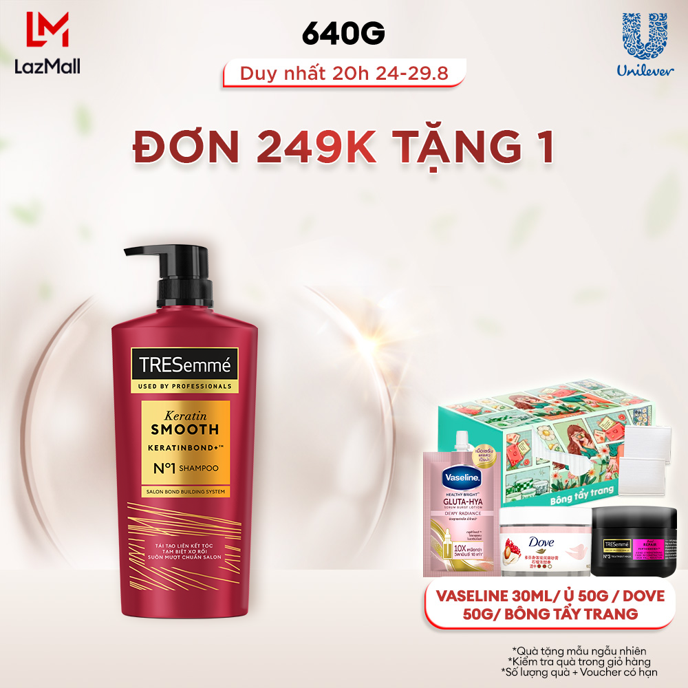 Dầu Gội TRESemmé Keratin Smooth Keratinbond+ 640g Cho Tóc Khô Xơ Rối Vào Nếp Suôn Mượt