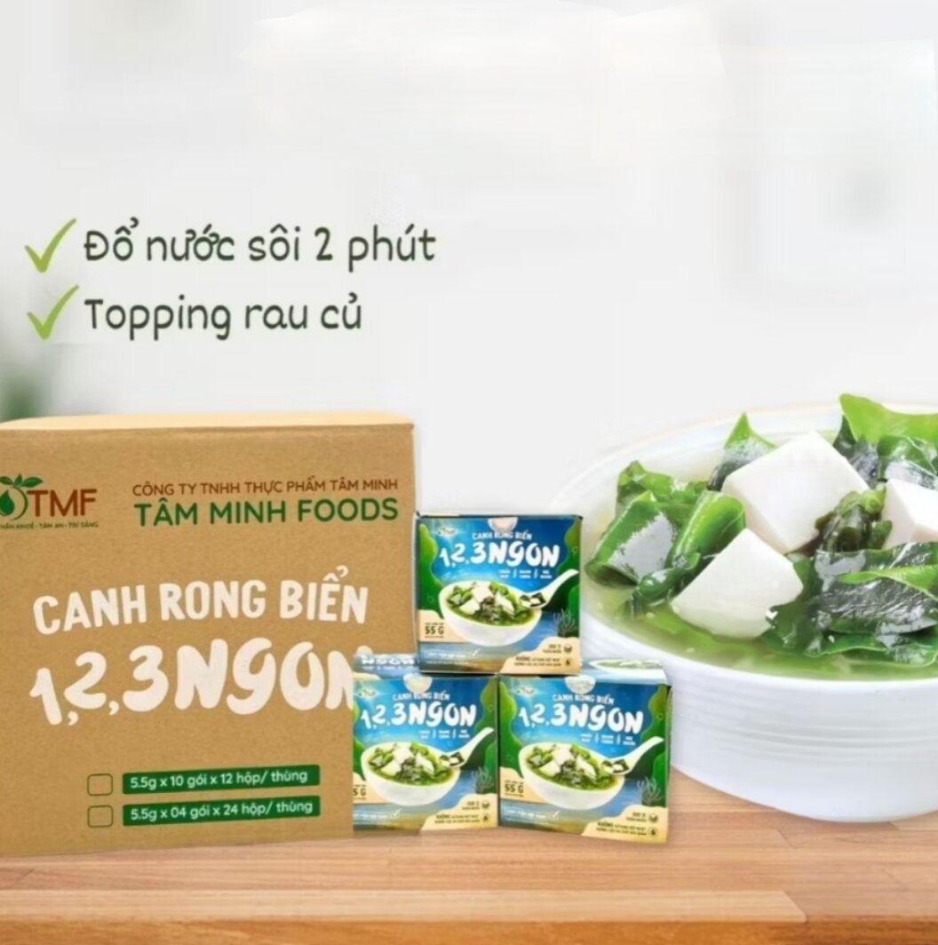 Thùng 12 hộp (Hộp 10 gói x 5,5g) canh rong biển ăn liền Tâm Minh Food không bột ngọt không chất bảo quản