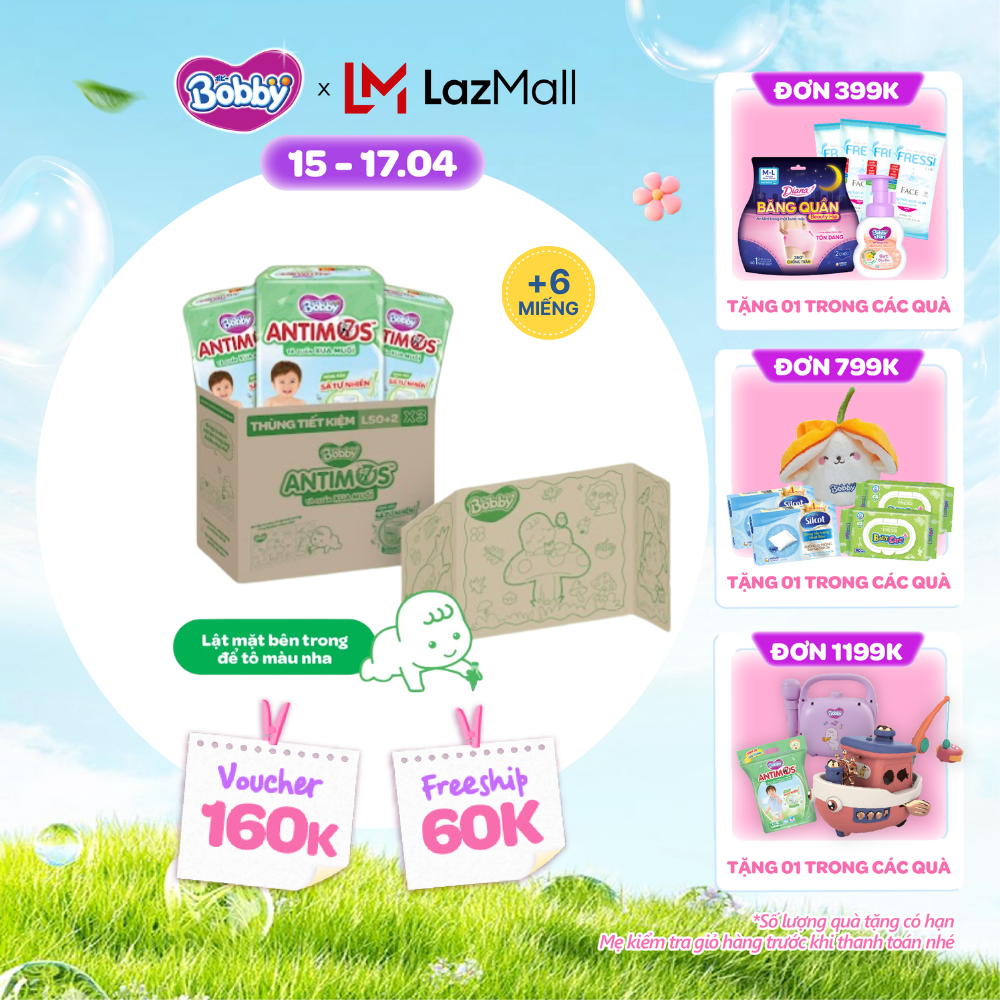 [CHỈ 18-24.04 QT Đơn 899K/1199K][THÙNG TIẾT KIỆM TÔ MÀU] Combo 3 gói tã Quần Xua Muỗi Bobby Antimos – Hàng rào Sả tự nhiên Bye Muỗi 8H - L50+2