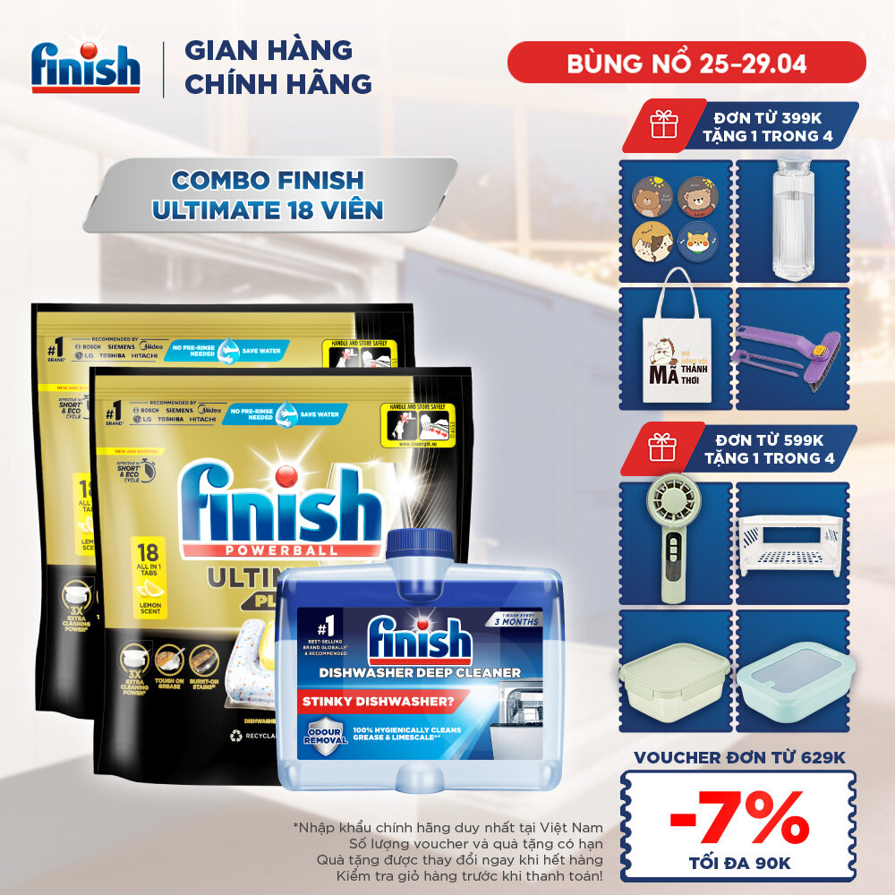 Combo 2 Túi Rửa Chén Bát Finish Powerball Ultimate Plus Intensive Lemon Sparkle 18 Viên + Dung Dịch Vệ Sinh Máy Finish 250ml