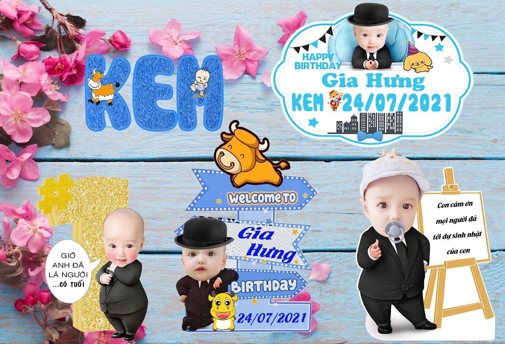 Set chibi để bàn trang trí sinh nhật  bé trai 1 tuổi