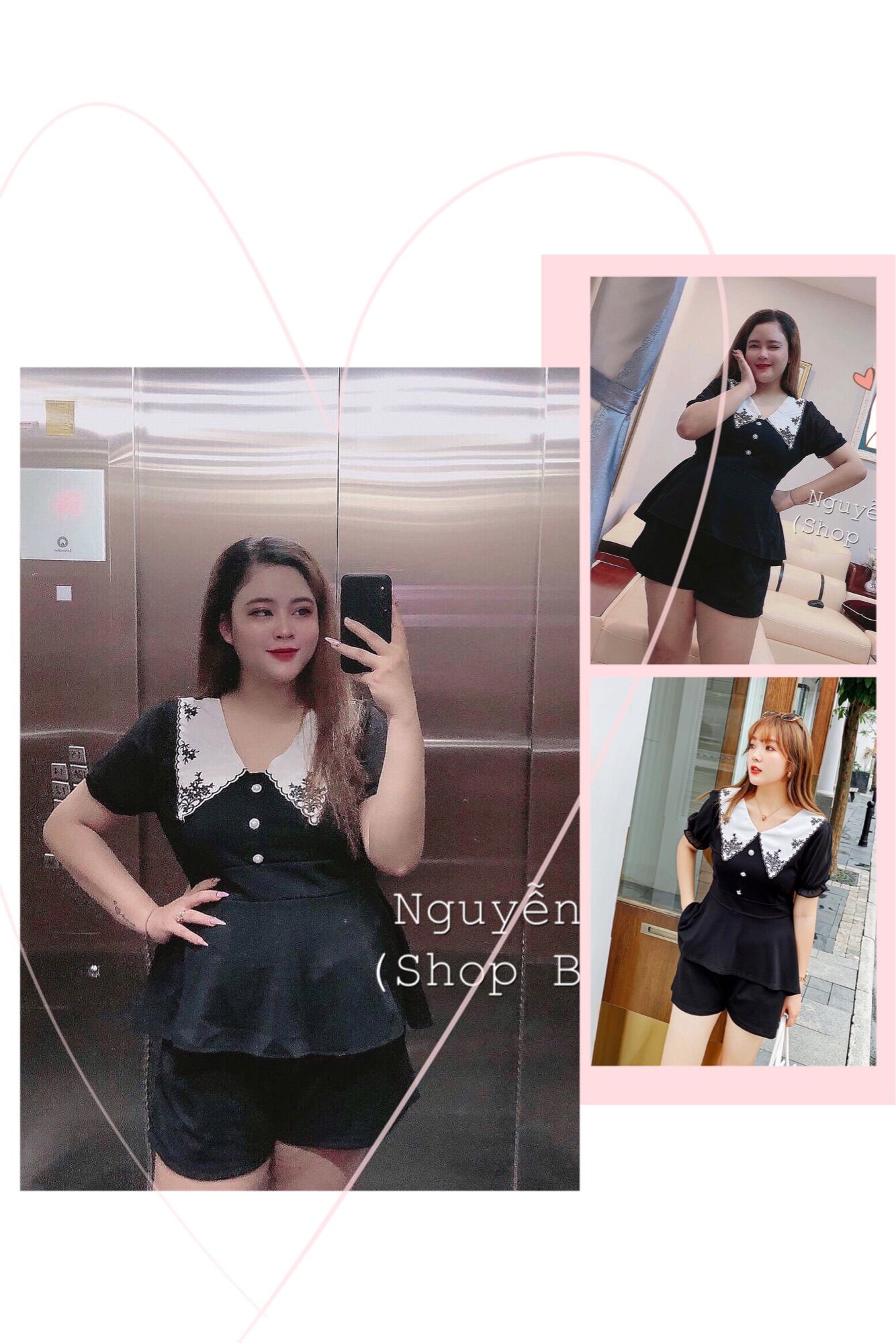 Set áo peplum cổ thêu kèm quần short bigsize 65-85kg