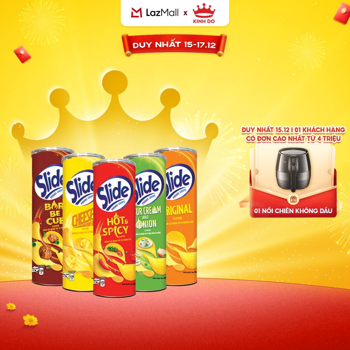  Bánh Lát Snack Khoai Tây Slide Vị Ngẫu Nhiên  Tự Nhiên Thịt Nướng Phô Mai Kem Chua & Hành Thơm Cay  Combo 5 Lon X 90G 