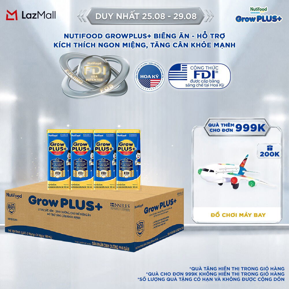 Thùng Sữa Bột Pha Sẵn Nutifood GrowPLUS+ Biếng Ăn 180ml - Hỗ Trợ Kích Thích Ngon Miệng, Tăng Cân Khỏe Mạnh - Trên 2 Tuổi (48 Hộp x 180ml)