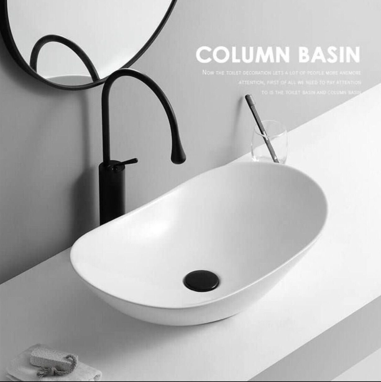 Chậu Lavabo Trắng Nghệ Thuật , kiểu dáng thuyền loại to+ Vòi lavabo thiên nga đen cổ cao nóng lạnh