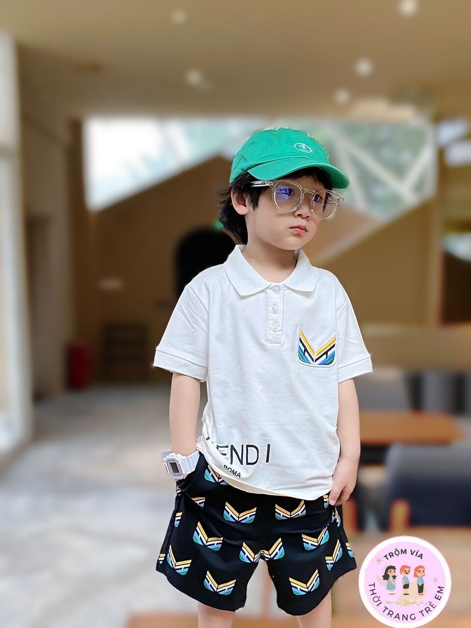 Set bộ bé trai fendi cao cấp vnxk, set áo polo có cổ mix quần short bé trai xịn đẹp