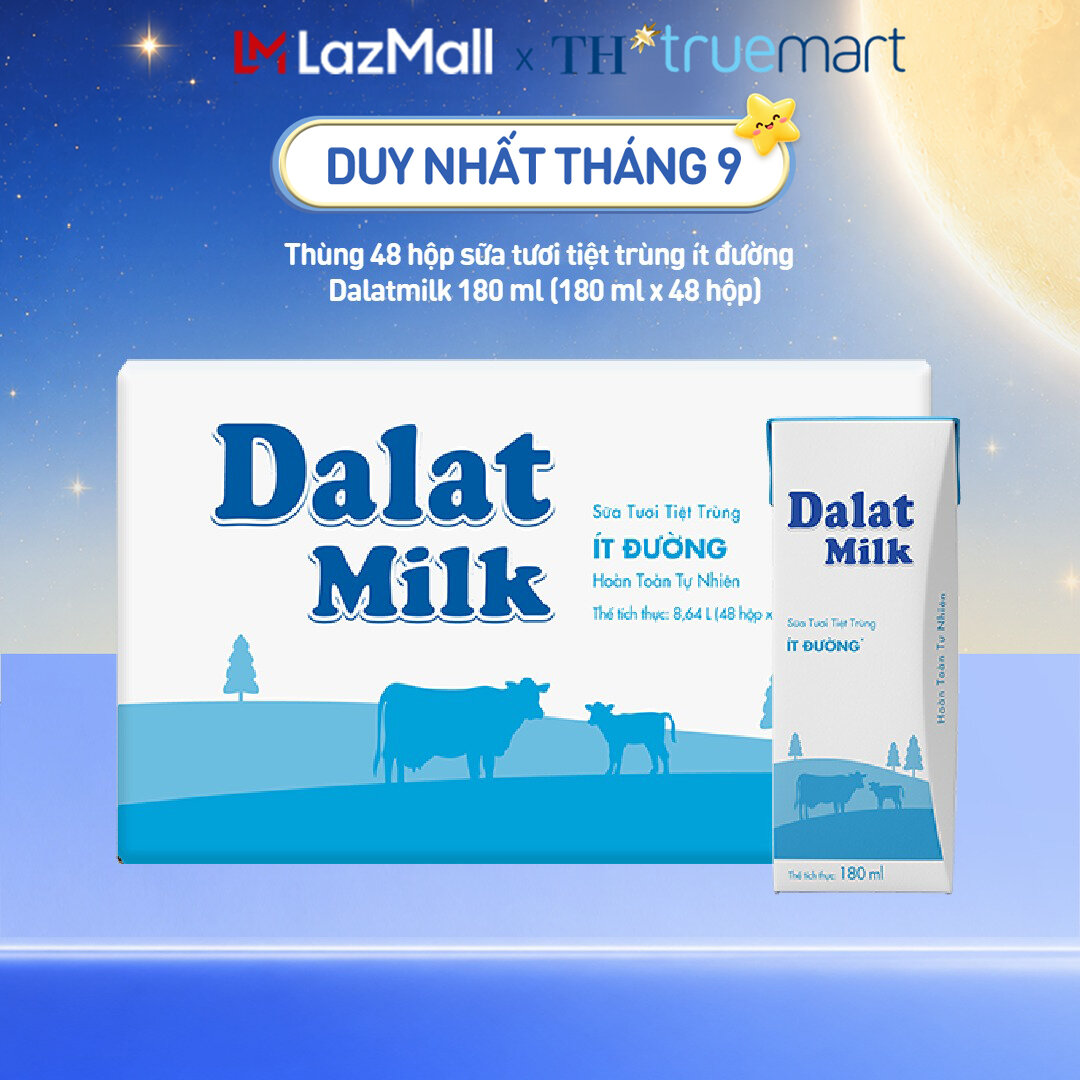 Thùng 48 hộp sữa tươi tiệt trùng Dalatmilk ít đường 180 ml (180 ml x 48)