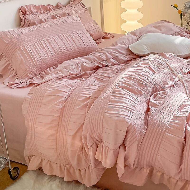 Internet Celebrity Washed Cotton Four-Piece Princess Style Bed Sheet Duvet Cover Quilt Cover Three-Piece Bed Sheet Set Women's Bedding Summer