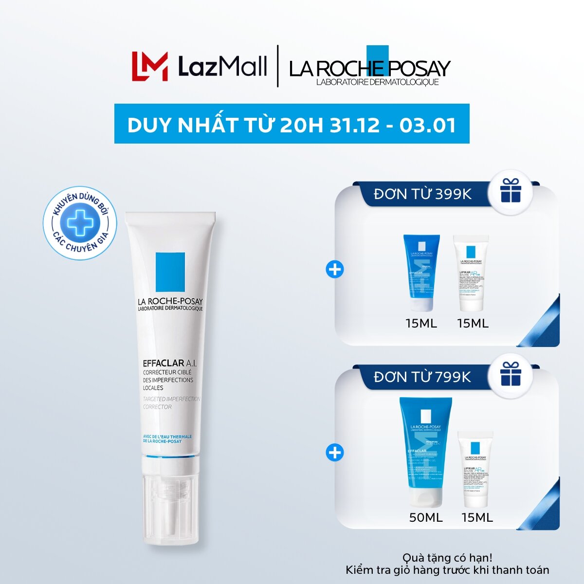  Kem giảm mụn chuyên biệt La Roche Posay Effaclar A.I 15ml 