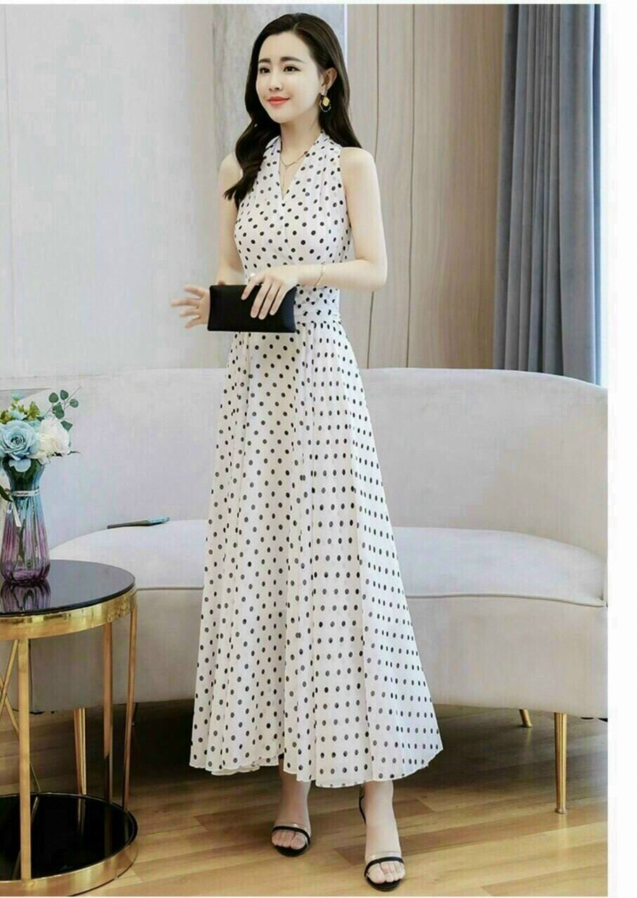(Video thật) Đầm Maxi Lụa Chấm Bi Cổ V duyên dáng xinh