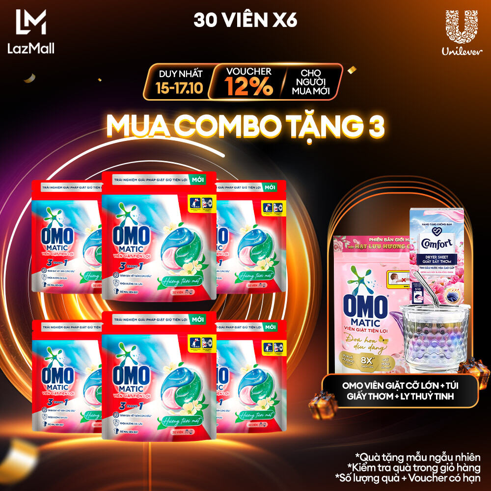 Combo 6/10 túi viên giặt tiện lợi OMO 3 trong 1 (30-50 viên/túi)