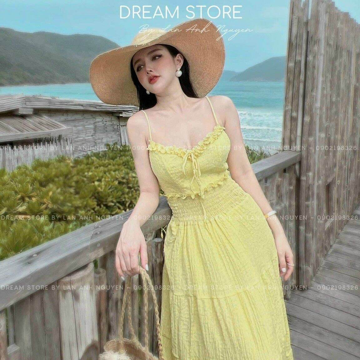 Đầm maxi đi biển hai dây nhúng eo có mút ngực