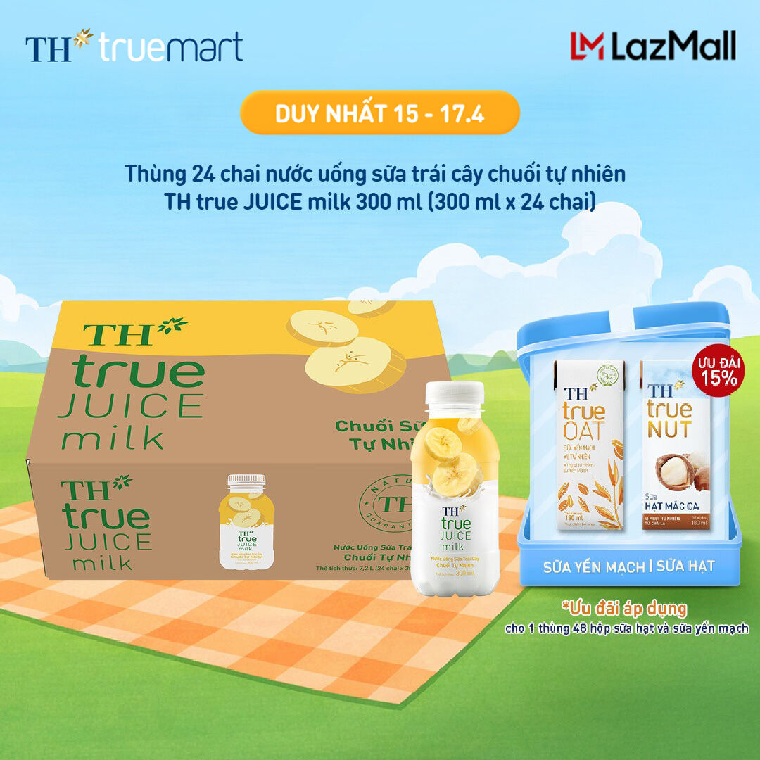 Thùng 24 chai nước uống sữa trái cây TH true JUICE milk vị chuối tự nhiên 300 ml (300 ml x 24)