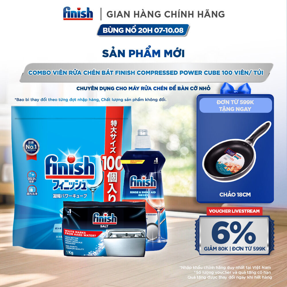 Combo Finish: Viên Rửa Chén Finish Nhật Bản Power Cube 100 Viên + Nước làm bóng Finish 500ml + Muối rửa chén 1kg