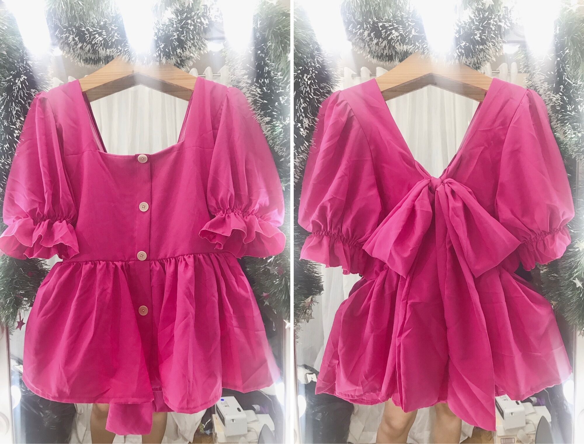 [bigsize 60-80kg] Áo thắt nơ lưng đính nút (có lẻ chân váy)