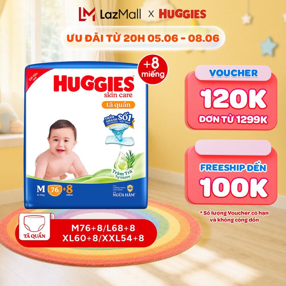 Tã/bỉm quần HUGGIES SKINCARE gói M76+8/L68/XL60/XXL54