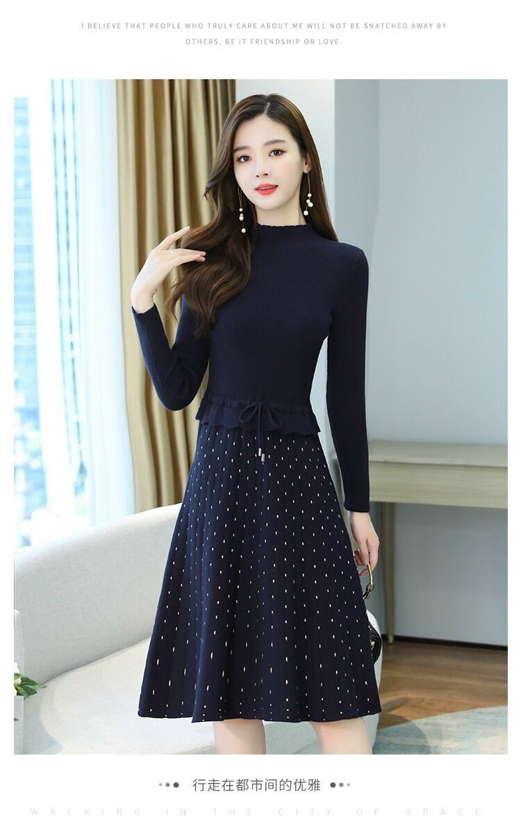 Đầm len xoè chân váy chấm bi cao cấp