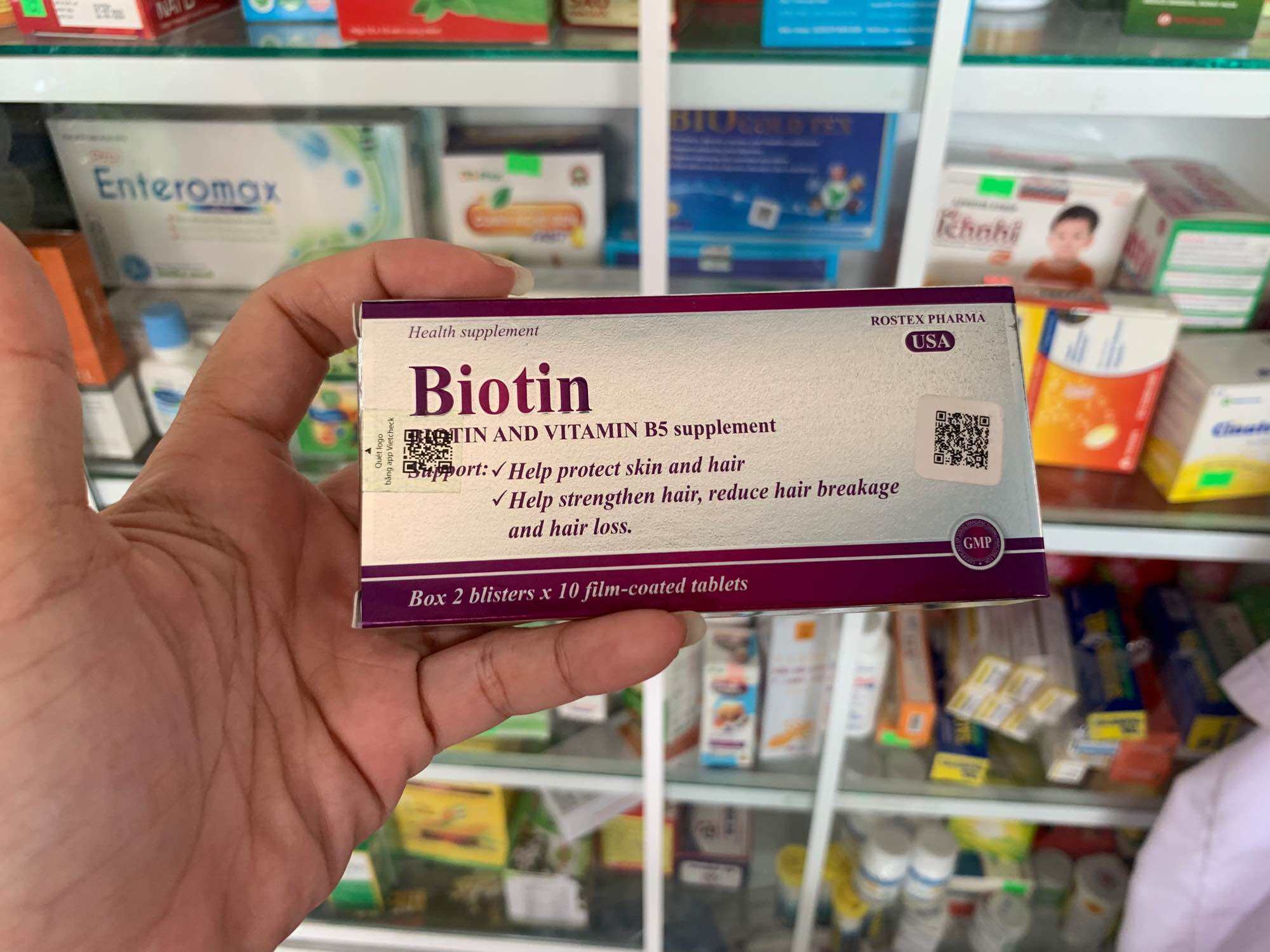 Biotin Rostex viên uống bổ sung biotin và vitamin B5 giúp đẹp da, da mịn màng, tóc dày bóng, móng chắc khỏe (20 viên)