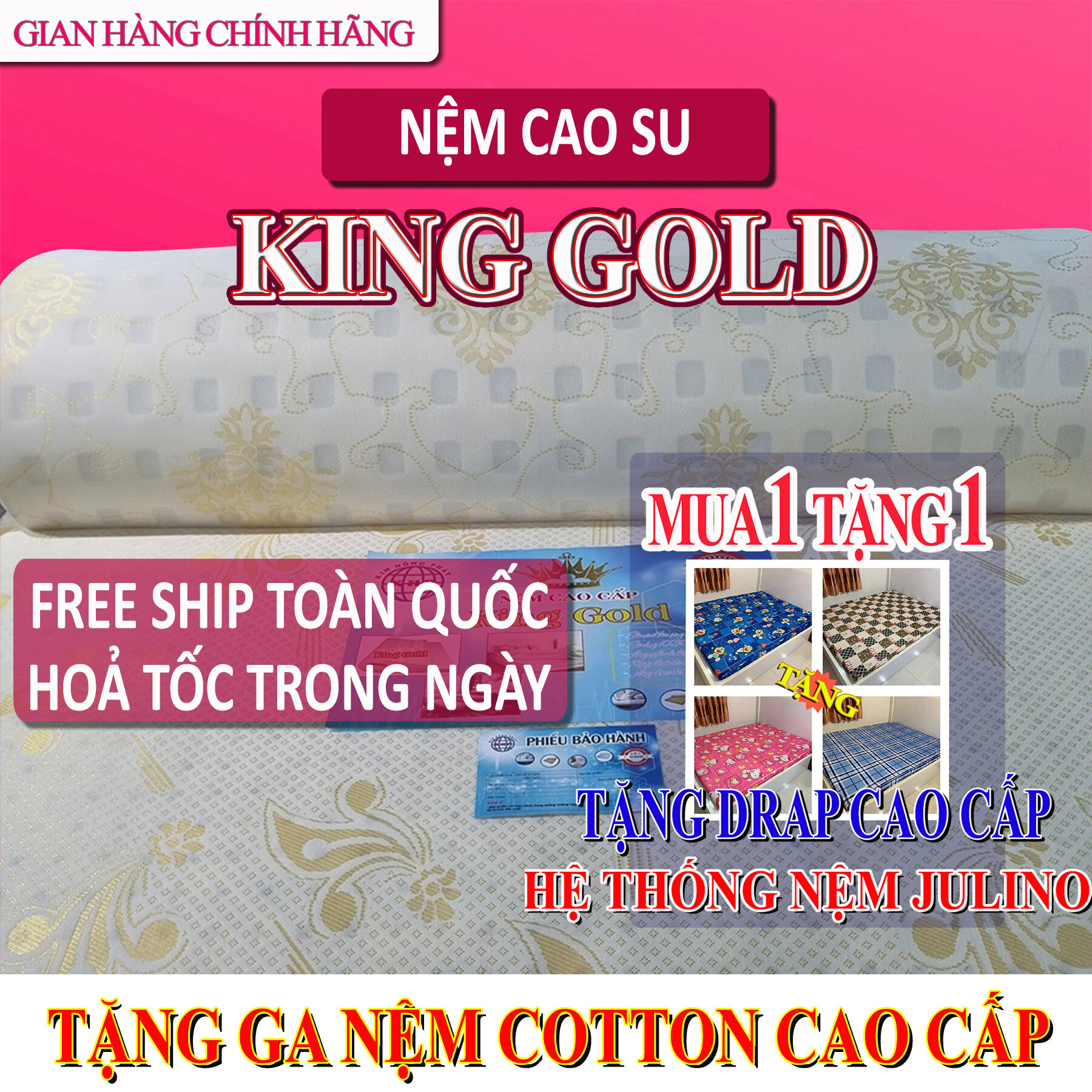 Quà tặng drap - nệm 1m8 x 2m x 10cm cao su thiên nhiên king gold - hàng xuất khẩu cao cấp