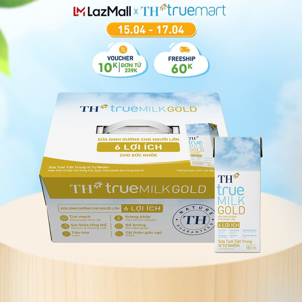 Thùng 24 hộp sữa tươi tiệt trùng vị tự nhiên TH true MILK GOLD dành cho người lớn tuổi 180 ml (180 ml x 24)