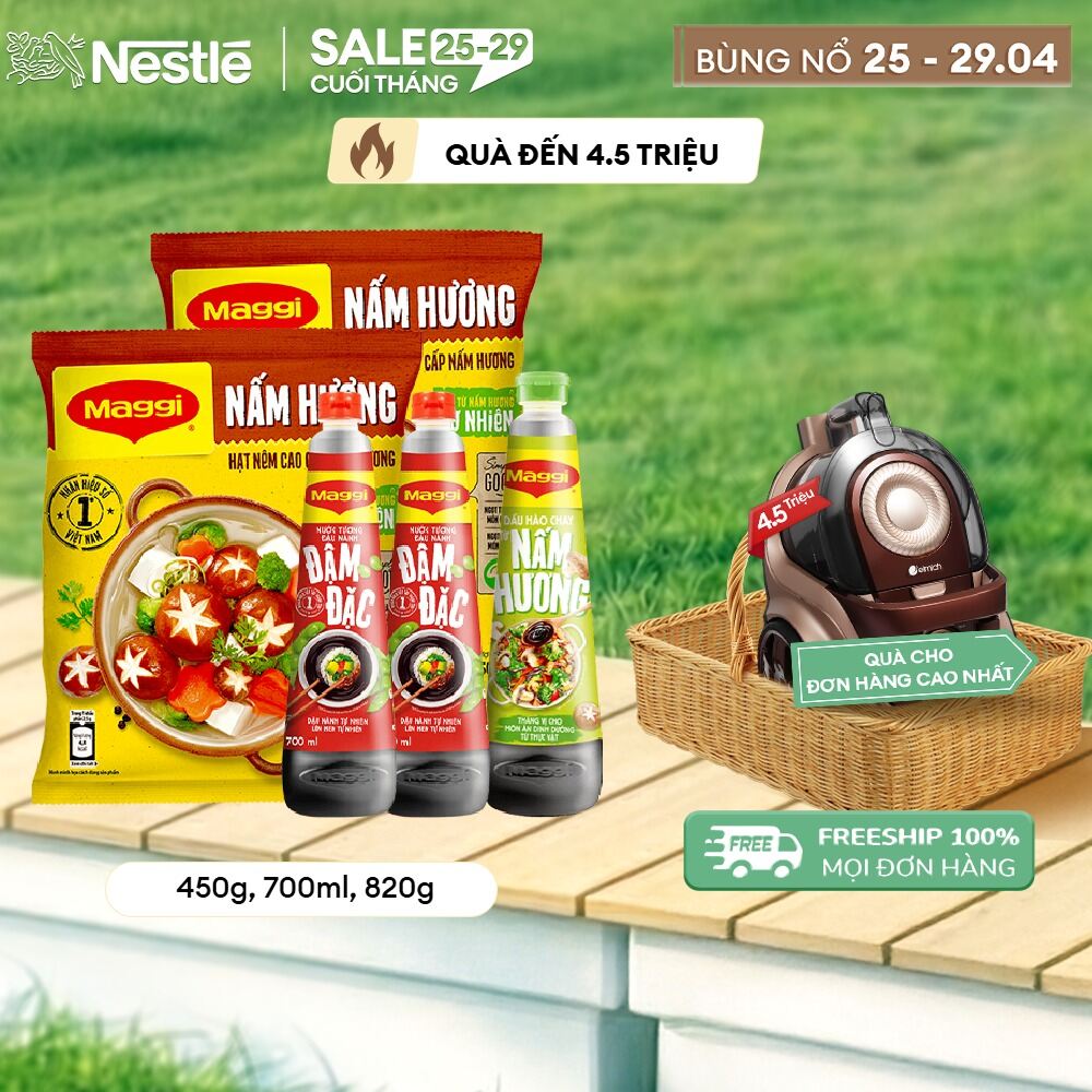 [ƯU ĐÃI THÁNG 4] [FREESHIP HCM] Combo MAGGI®: 2 bịch Hạt nêm Nấm Hương 450g + 2 chai Nước tương Đậu Nành Đậm Đặc 700ml + 1 chai Dầu hào Nấm Hương 820g