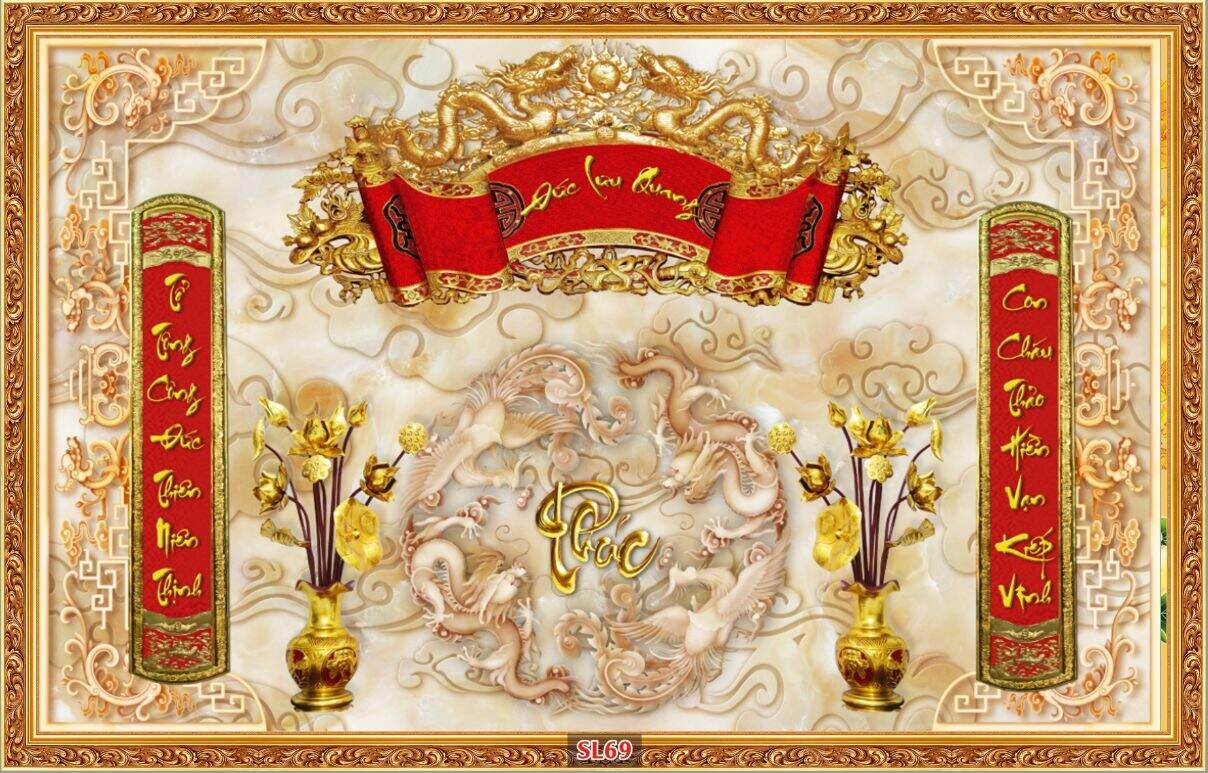 Tranh lụa dán bàn thờ sl69 - cuốn thư câu đối phòng thờ gia tiên