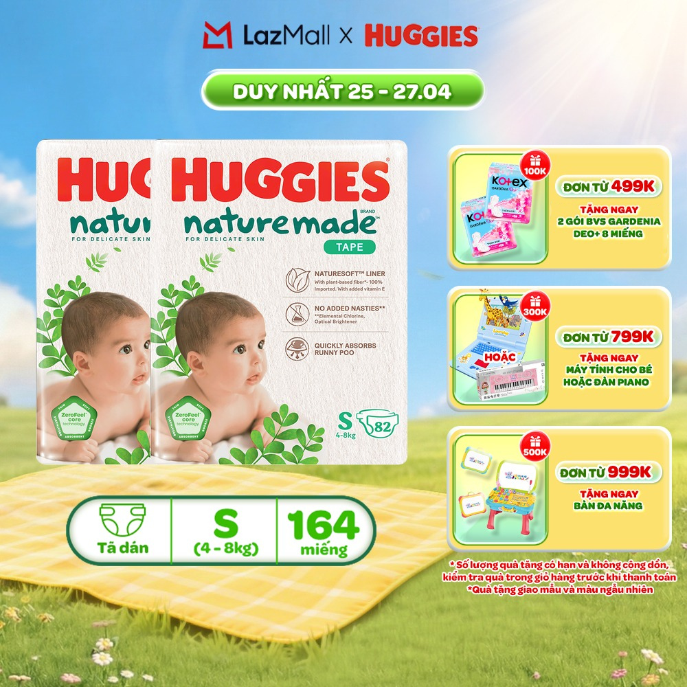 Combo 2 Tã/Bỉm dán sơ sinh Huggies NatureMade S82 (4-8kg)-Gói Super Jumbo 82 miếng