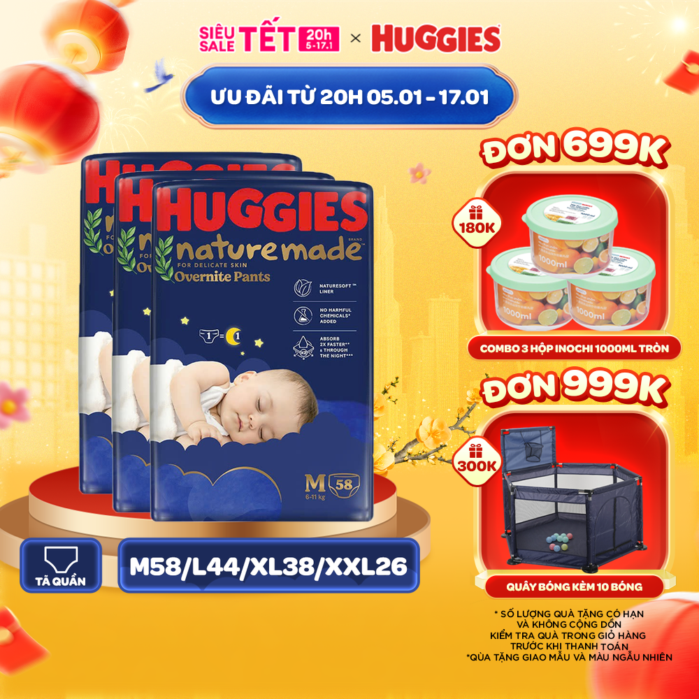 Combo 3 Tã quần Huggies Naturemade ban đêm M58/L44/XL38/XXL26