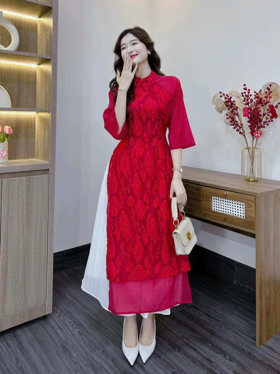 (SHOP TÁO ĐỎ BIGSIZE 50KG ĐẾN 90KG) set áo dài tay lửng gấm hoa phối váy