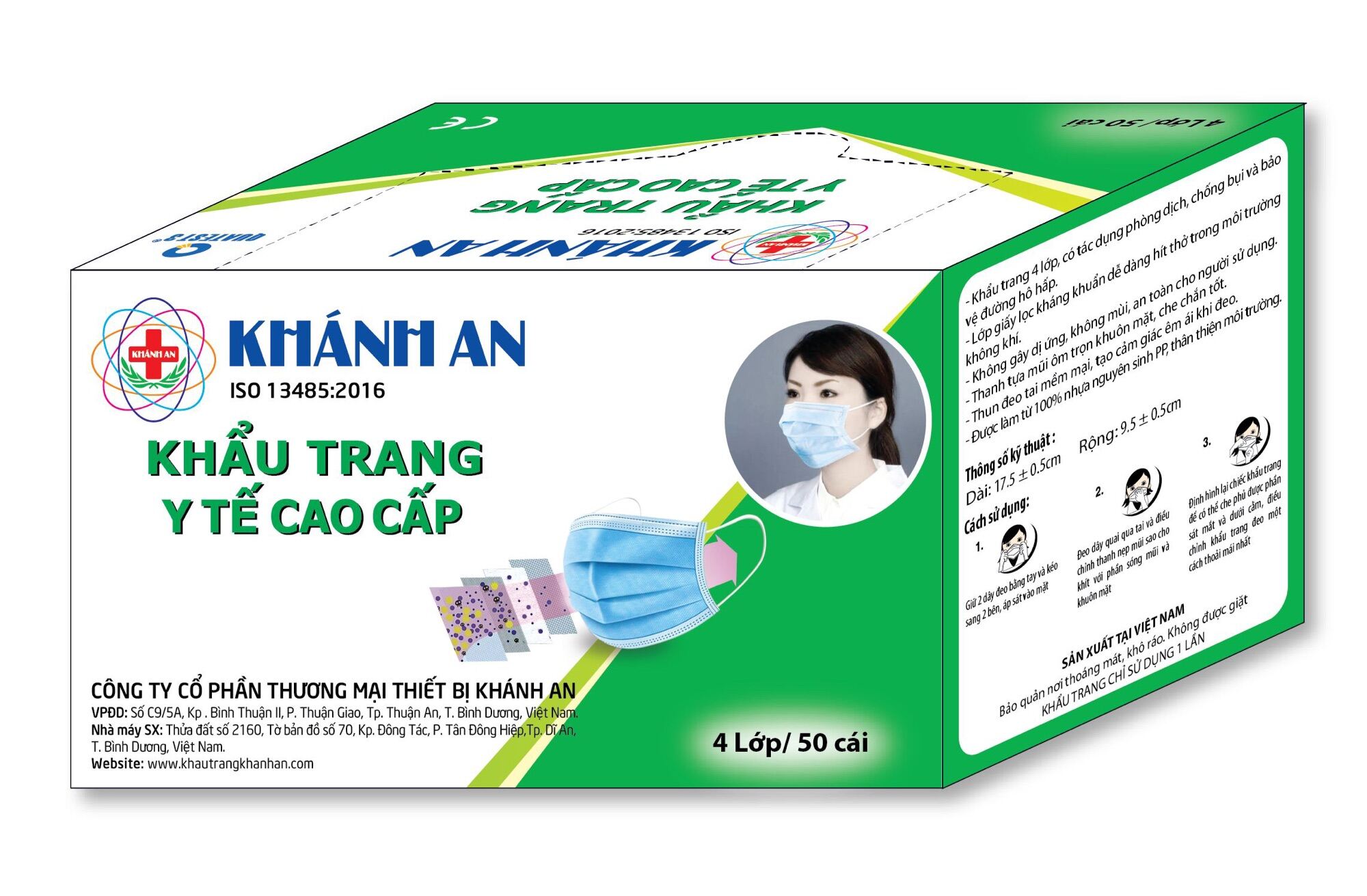 khẩu trang y tế khánh an màu xanh ,hộp 50 cái