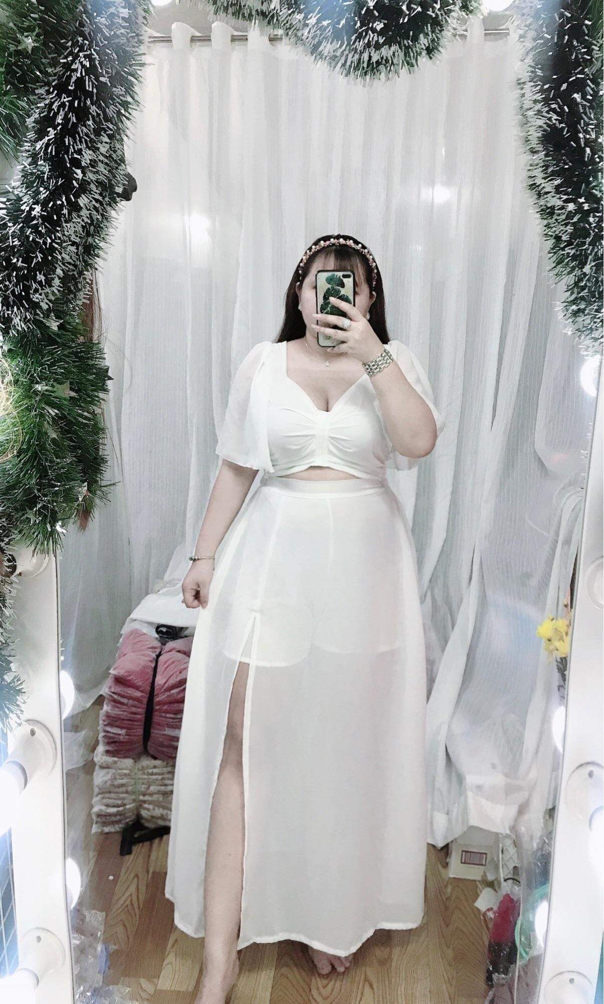 Set áo chân váy voan xẻ tà