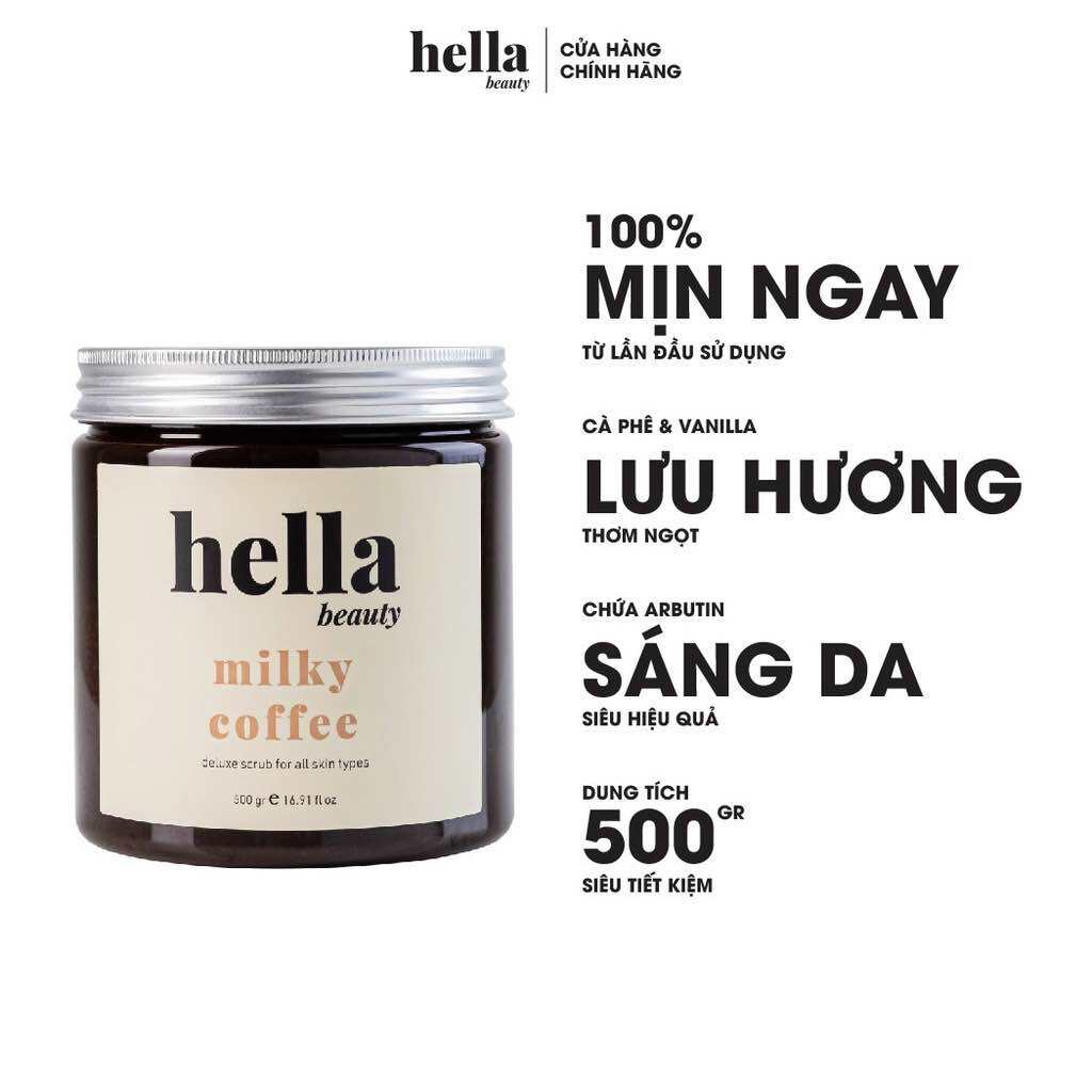 Tẩy Tế Bào Chết Body Cà Phê Hữu Cơ 500g Hella Beauty Giúp Dưỡng Trắng Da Toàn Thân, Giảm Mụn Mờ Thâm