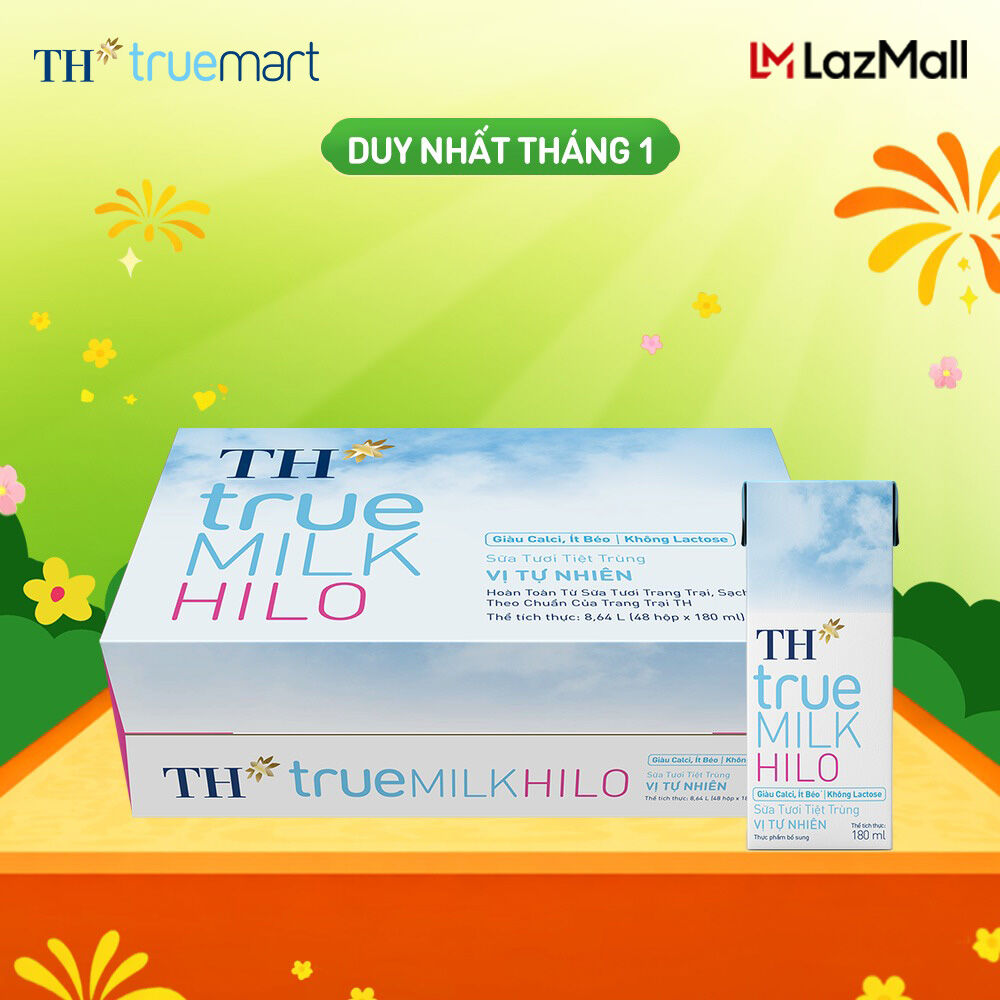  Thùng 48 hộp sữa tươi tiệt trùng TH true MILK HILO vị tự nhiên 180 ml  180 ml x 48  