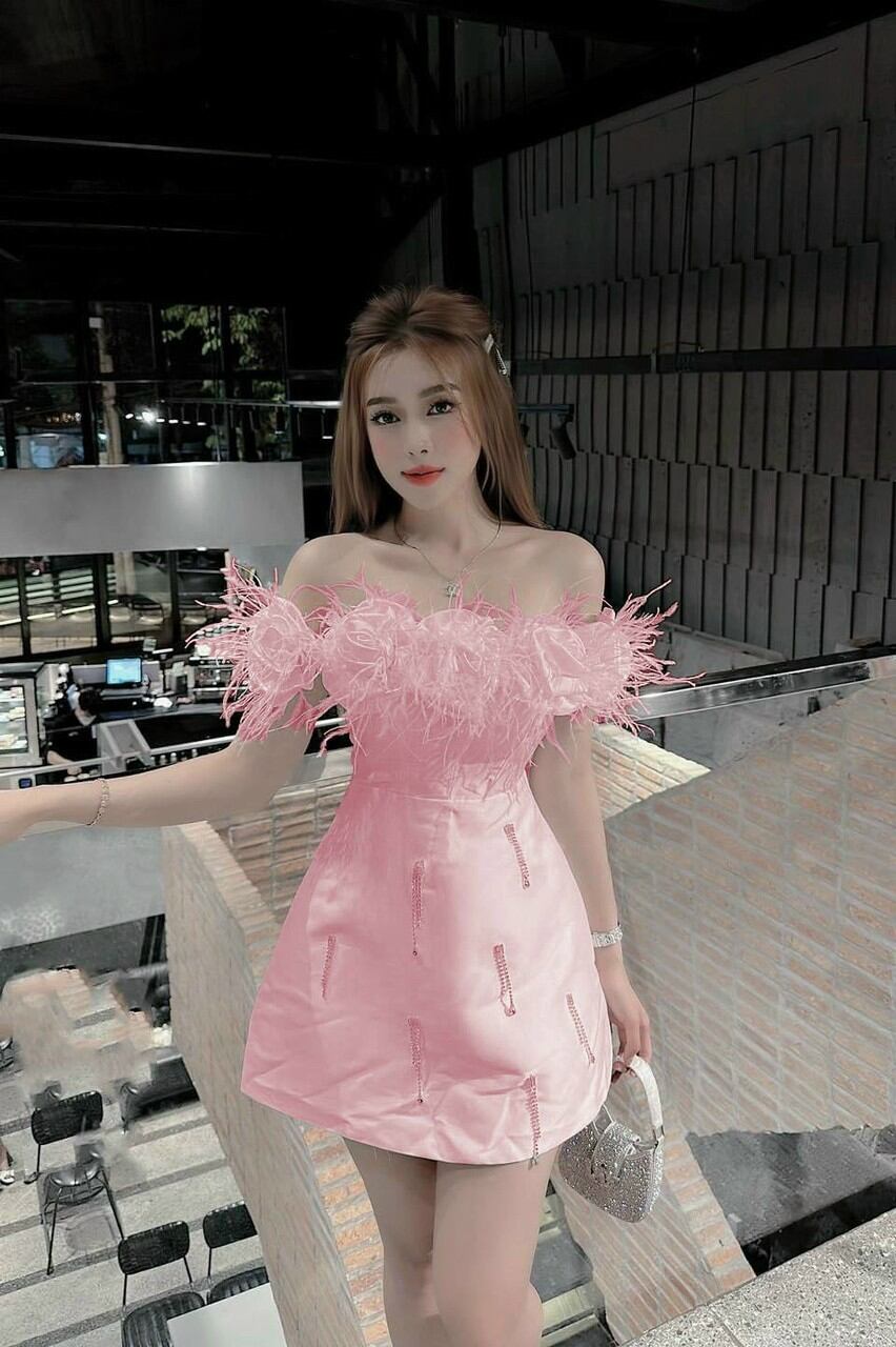 ĐẦM  XÒE HOA TRỄ VAI ĐÍNH LÔNG