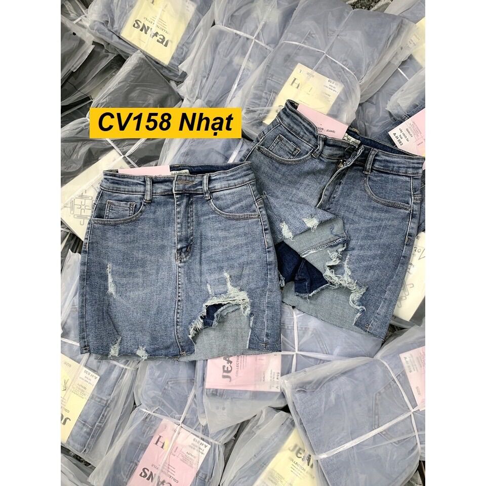 Chân váy jean rách lỗ co dãn . mix Áo len nữ tay ngắn quảng châu, áo len kẻ cho nữ