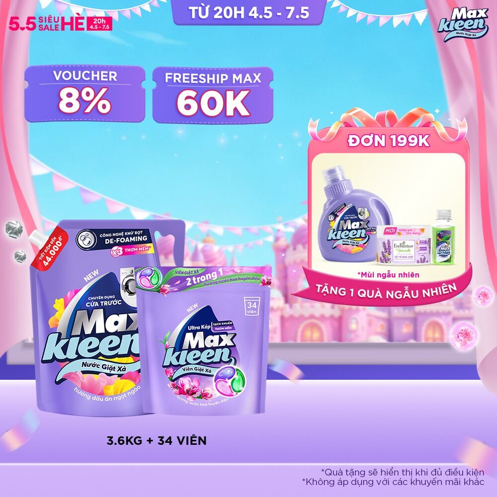 Combo Nước giặt xả cho máy giặt cửa trước hương Dấu Ấn Ngọt Ngào 3.6kg + Túi viên MaxKleen hương Huyền Diệu (34 viên/ túi)