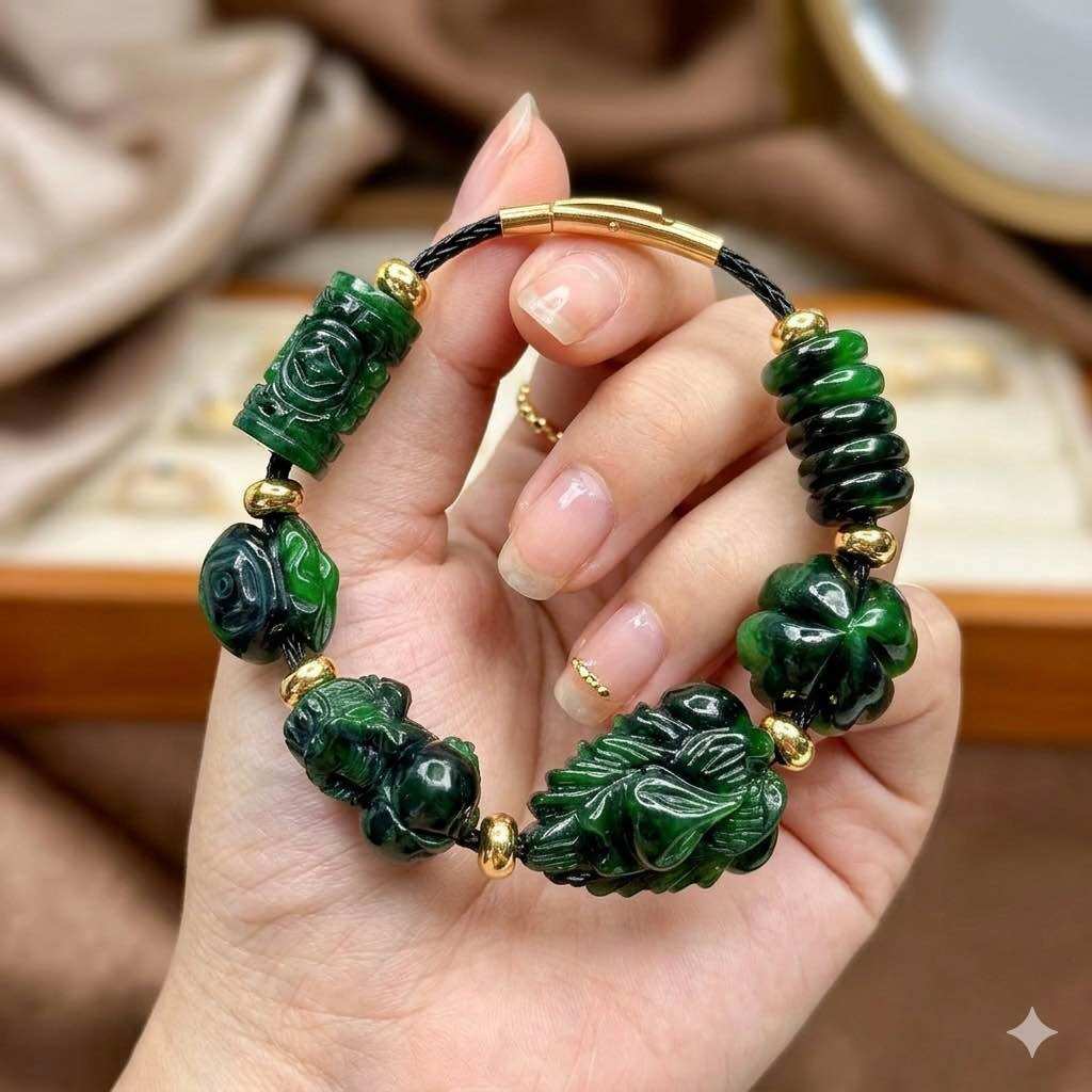 Vòng tay nữ mic 6 charm hồ ly, tỳ hưu, lu thống, cỏ 4 lá, túi tiền và điếu ngũ phúc may mắn