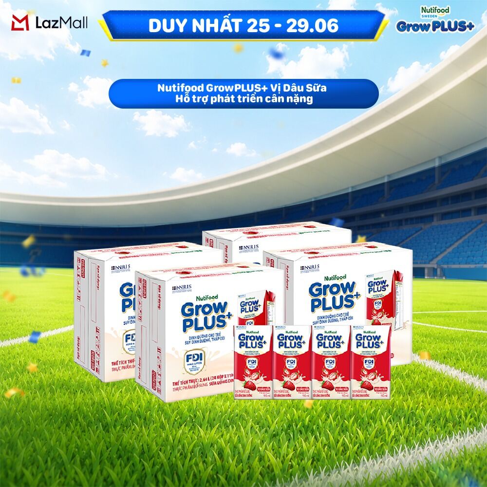 Combo 4 Thùng 24 hộp Sữa bột pha sẵn Nutifood GrowPLUS+ Vị Dâu Sữa hộp 110ml - Hỗ trợ phát triển cân nặng