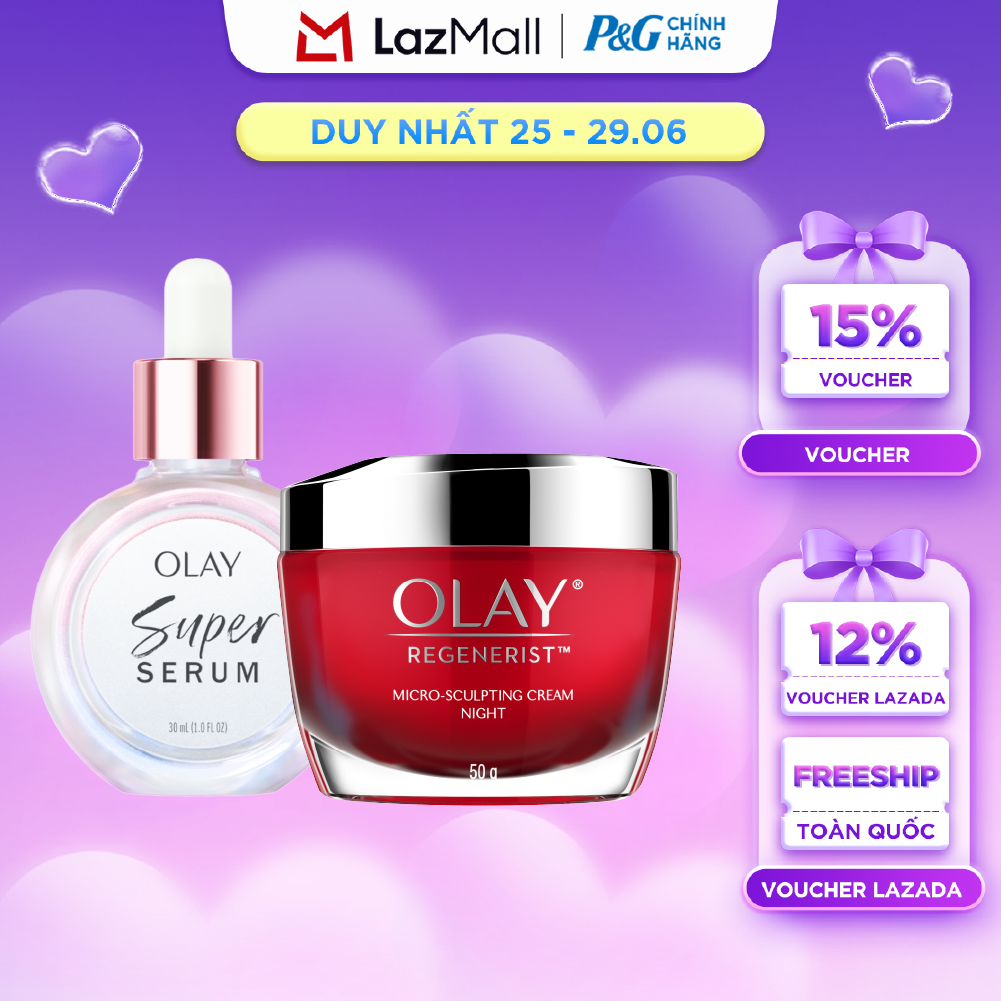 Combo 2 SUPER SERUM OLAY SỨC MẠNH TỪ 5 DƯỠNG CHẤT TRONG 1 - Chai 30ML Và Kem Dưỡng Ẩm OLAY REGENERIST Ban Đêm 50G