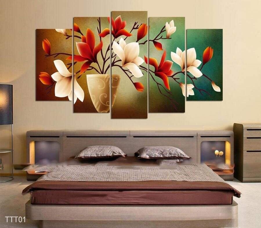 Tranh dán tường 3D lọ hoa hiện đại - Tranh lọ hoa bộ 5 bức ghép